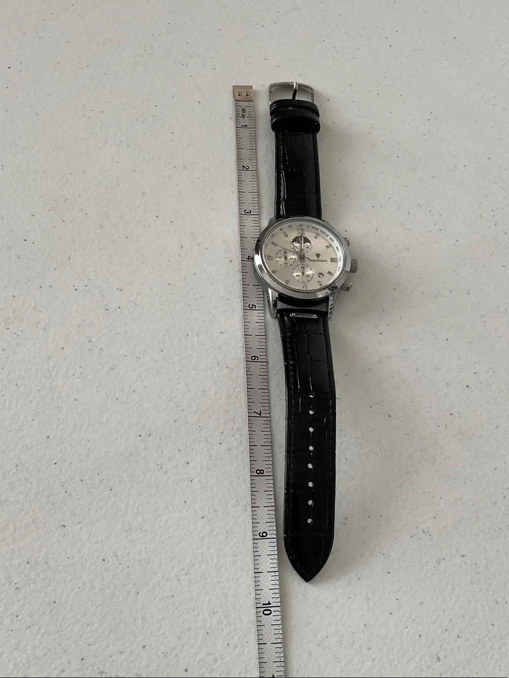 LIGEDESIGN Silver Chronograph Watch with Black Leather Strap